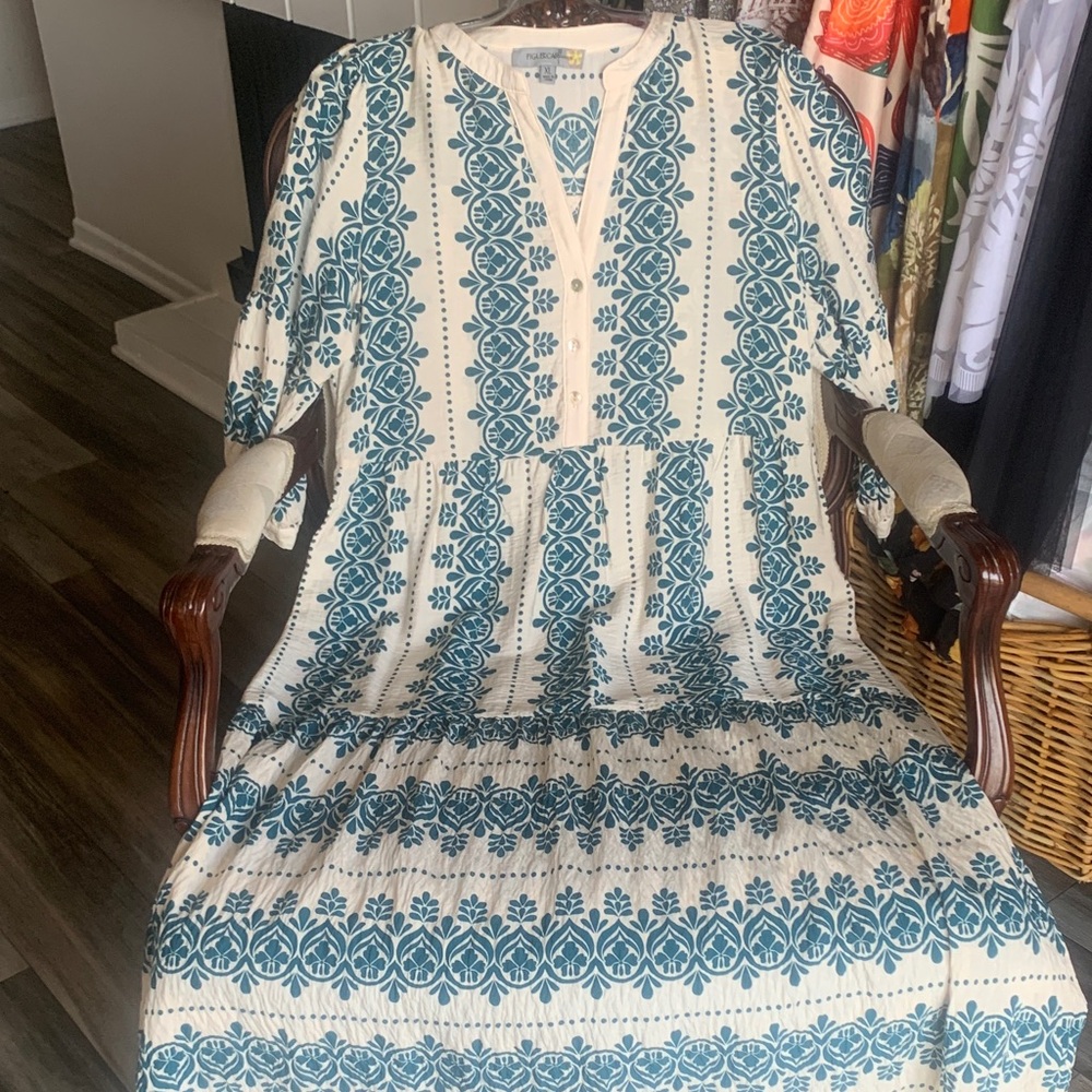 Boho Floral Print Cream and Teal Midi Dress